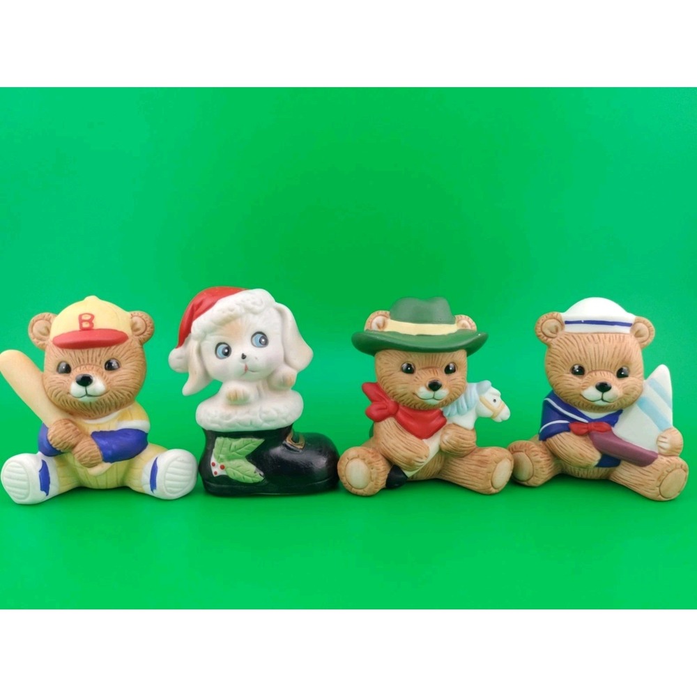 Homco porcelain figurines lot of 4 teddy bears Christmas puppy dog baseball
